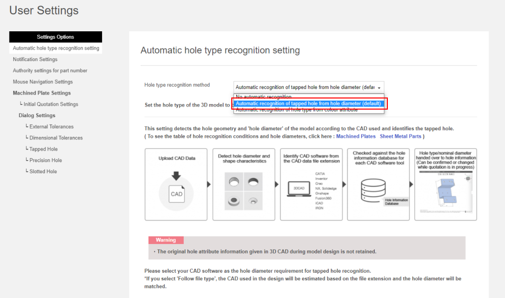 Setup Method 2: Automatic Recognition of Tapped holes from Hole Diameter (Default)