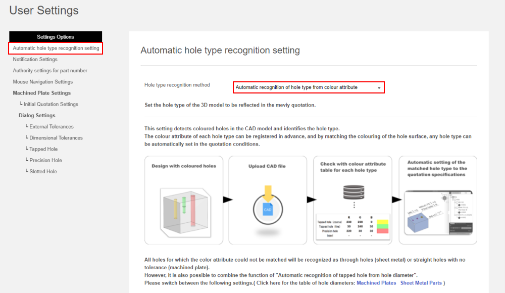 Select “Automatic Hole Type Recognition Settings” under user settings.​