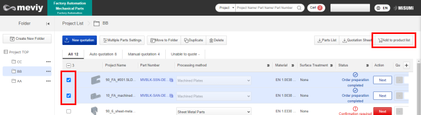 Return to the project list, select the parts you want to order, and click "Add to project list"
