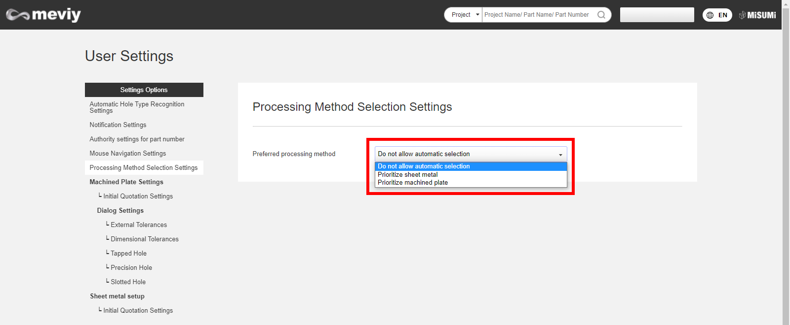 Automatic selection setting of processing method