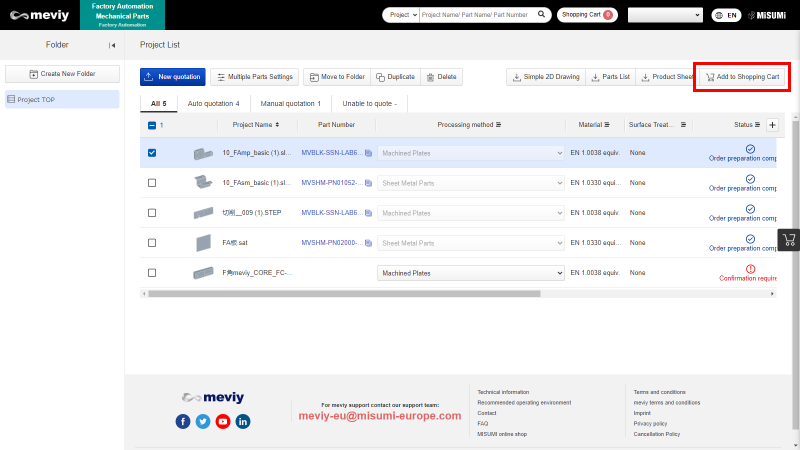 Return to the project list and add the parts you want to your product list to check the quotation results.