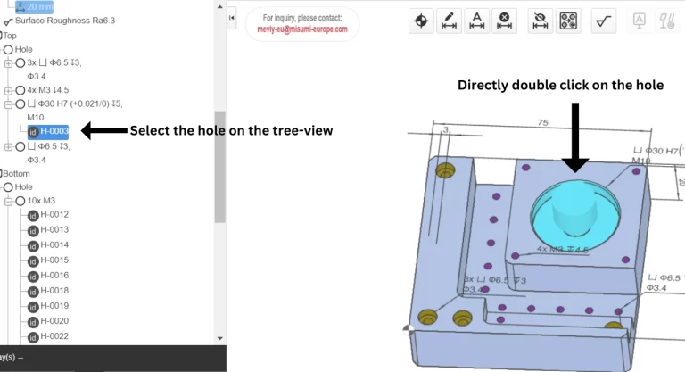 Instruction on how to edit hole 3D CAD hole specifications on meviy. directly double click on the hole or select the hole from the tree view